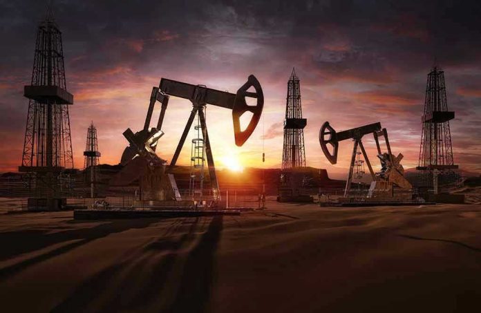 1667830870 Oil rigs operating at sunset in a desert landscape.