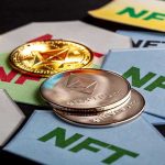 Ethereum coins on NFT cards background.