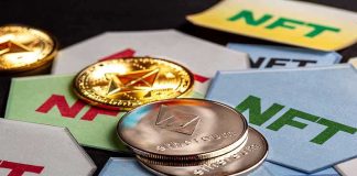 Ethereum coins on NFT cards background.