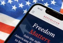 GOP Power Play – Menacing Text Blitz! Smartphone and American flag promoting Republican National Committee.