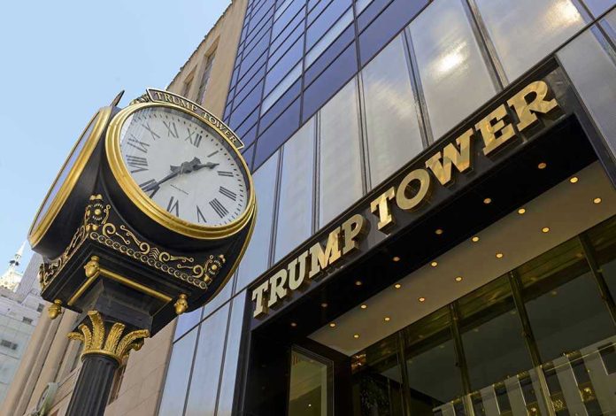 Clock in front of Trump Tower building entrance.