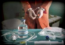 Death Row SHOCK: Governor Stops Execution at Midnight Vial labeled Sodium Thiopental near handcuffed person.