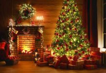 Christmas Eve Stunned WWII Enemies Christmas tree and fireplace with stockings and gifts.