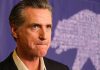 Hollywood Icon DESTROYS Newsom – He Caves! Man in suit, solemn expression, purple background with bear drawing.