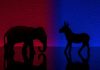 Republicans Rage: Dem Senator Suggested Military Coup? Elephant and donkey silhouettes on red and blue backgrounds.