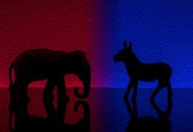 Republicans Rage: Dem Senator Suggested Military Coup? Elephant and donkey silhouettes on red and blue backgrounds.