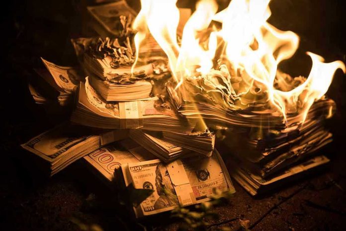 1251353494 Stacks of hundred dollar bills burning in flames.