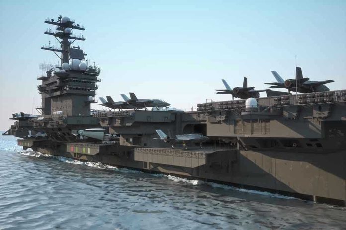 300162086 Aircraft carrier deck with jet planes.