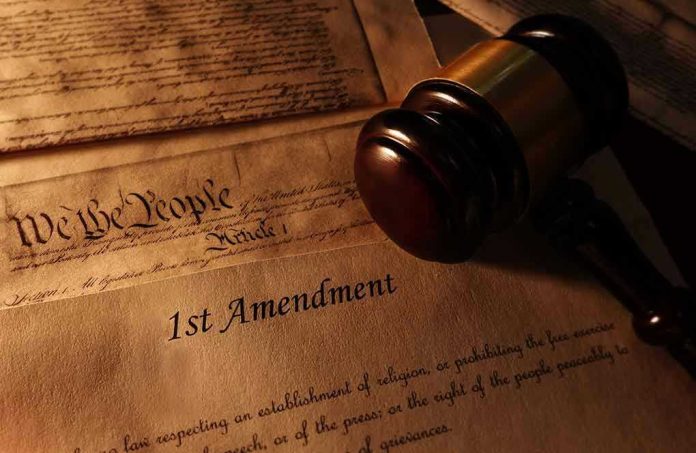 First Amendment document with gavel and Constitution background.