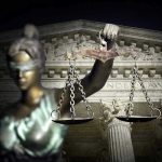 Squatter Walks Free, Returns to $2.3M Mansion Blindfolded Lady Justice with scales, Supreme Court background.