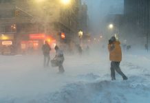 Five Forms of ID for Snow Duty—None for Voting People walking in a snowy urban street during a blizzard