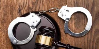 Gavel and handcuffs on wooden surface.