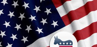 American flag with a Democratic Party donkey symbol