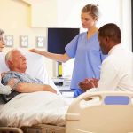 A nurse and a doctor discussing with a patient and his family in a hospital room