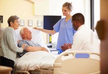A nurse and a doctor discussing with a patient and his family in a hospital room