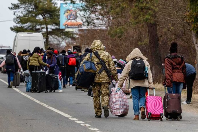 shutterstock_2131281067 (2).jpg Group of people carrying luggage walking along a road with a soldier