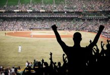 Crowd of fans cheering at a baseball game in a stadium