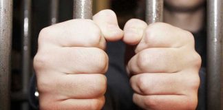 Hands gripping jail cell bars tightly.