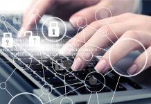 Hands typing with cybersecurity icons overlay.