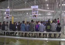 People sitting on benches inside a fenced facility.