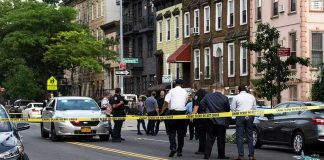 Police gathered at an urban crime scene.
