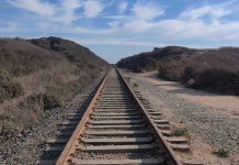Railway tracks stretching into the distance, surrounded by vegetation.