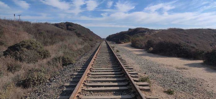 Railway tracks stretching into the distance, surrounded by vegetation.