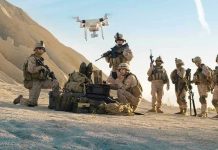 Soldiers operating a drone in a desert environment.