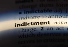 Close-up of the word indictment in a dictionary