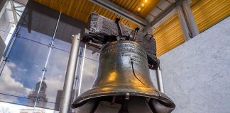The Liberty Bell displayed in a modern museum setting