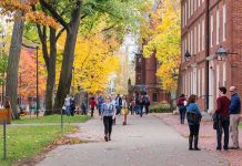 Students walking on a campus path surrounded by autumn trees and brick buildings