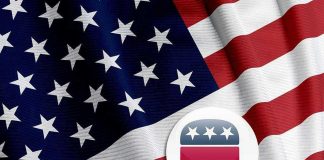Republicans Unleash 130-Lawsuit Tidal Wave American flag with Republican elephant symbol.