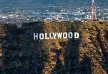 The Hollywood sign on a hillside.