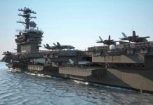 Aircraft carrier deck with jet planes.
