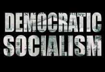 Text graphic featuring the words 'Democratic Socialism' over a textured background