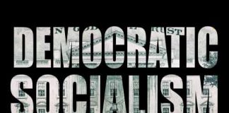 Text graphic featuring the words 'Democratic Socialism' over a textured background