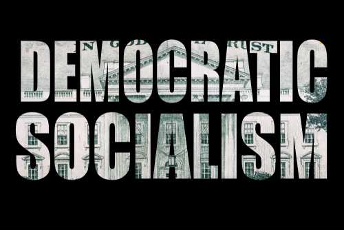 Text graphic featuring the words 'Democratic Socialism' over a textured background