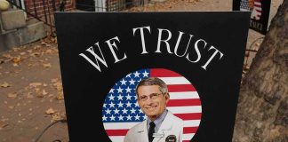 yard sign with portrait of a doctor over a U.S. flag