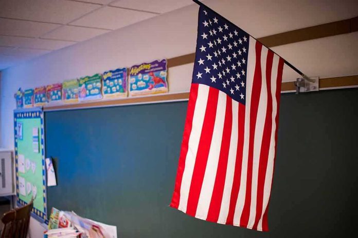 American flag hanging in a classroom