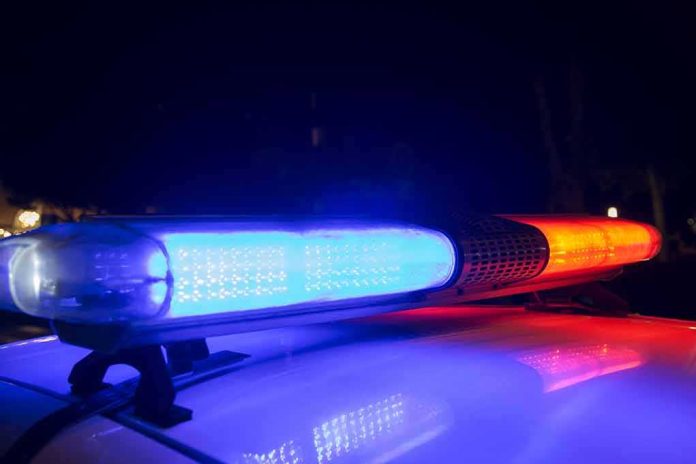 Police car light bar flashing blue and red at night