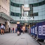People walking outside the BBC building entrance