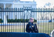 Security officer stands guard outside a large white government building