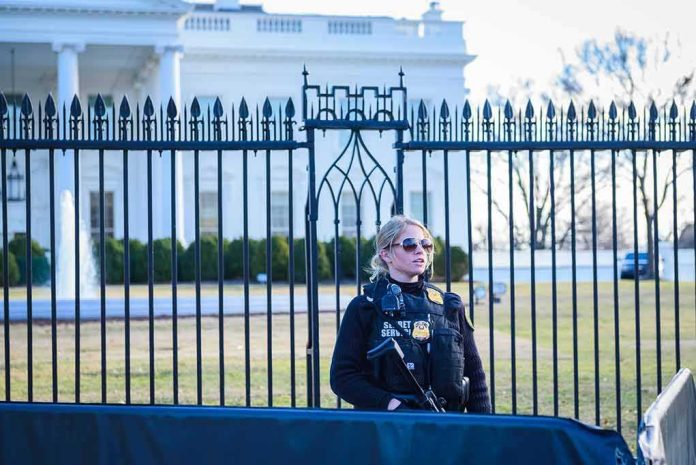 Security officer stands guard outside a large white government building