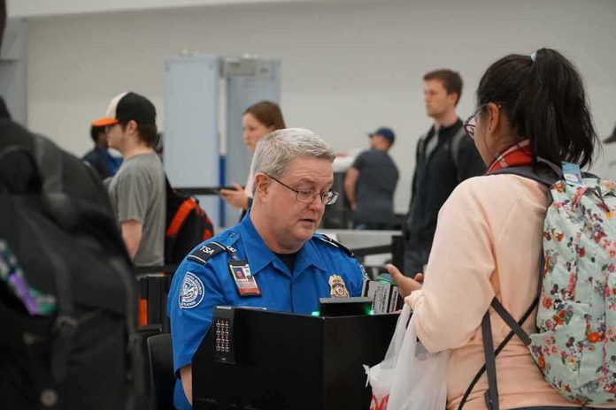 shutterstock_1641623299 tsa officer checks a traveler's documents at airport security