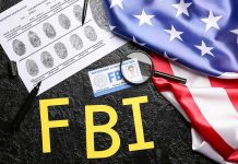 FBI letters with fingerprint sheet, badge, magnifying glass, and US flag