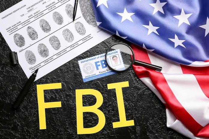 FBI letters with fingerprint sheet, badge, magnifying glass, and US flag