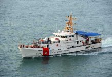 U.S. Coast Guard patrol boat cruising at sea
