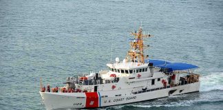 U.S. Coast Guard patrol boat cruising at sea