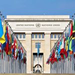 Hollywood Star ARRESTED Outside UN Assembly United Nations building with numerous national flags outside.