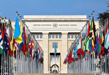 United Nations building with numerous national flags outside.